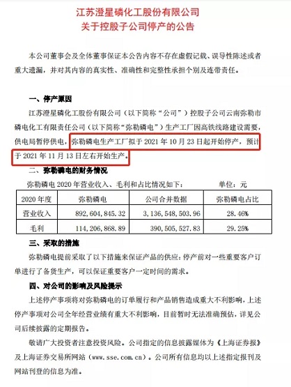 江苏澄星磷化工发布关于控股子公司停产