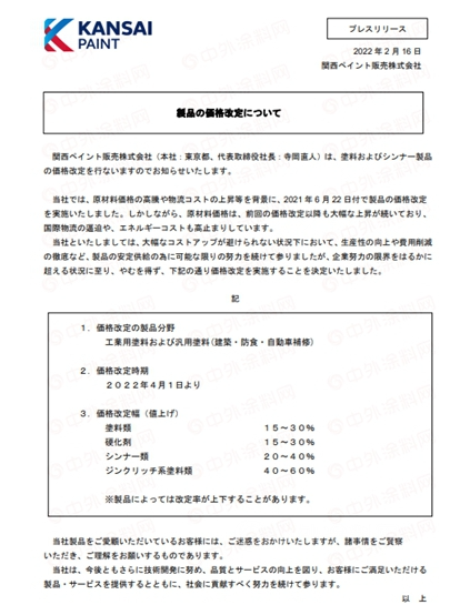 最高上调60%！4月1日起关西涂料涨价