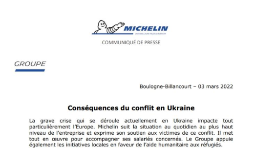 3月3日，米其林在全球官网上发布俄乌战争对经营的影响。