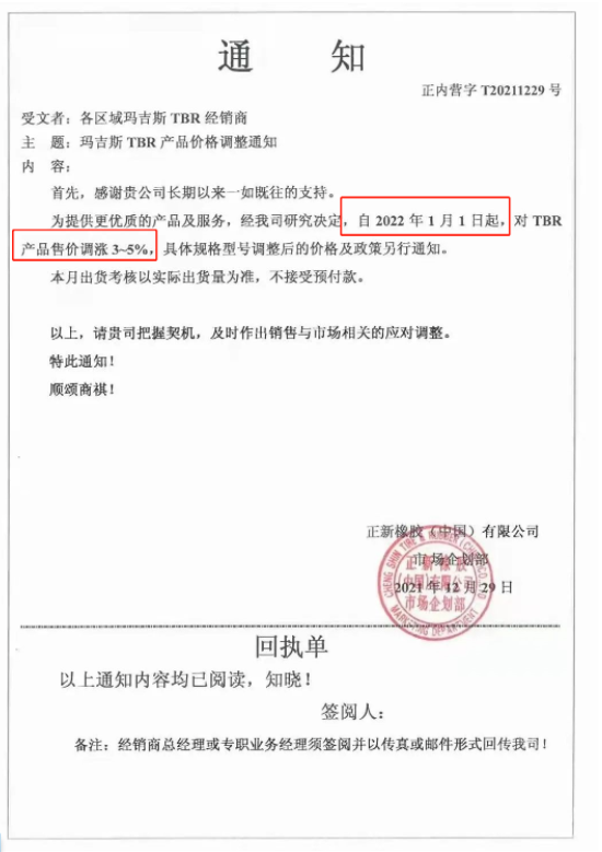 1月1日起,对TBR产品售价上调3%~5%;3月1日起,对部分TBR产品售价上调3%;3月16日起,对玛吉斯TBR产品(17.5/19.5/20/22.5)价格上调3%。 1月1日起,对TBR产品售价上调3%~5%;3月1日起,对部分TBR产品售价上调3%;3月16日起,对玛吉斯TBR产品(17.5/19.5/20/22.5)价格上调3%。