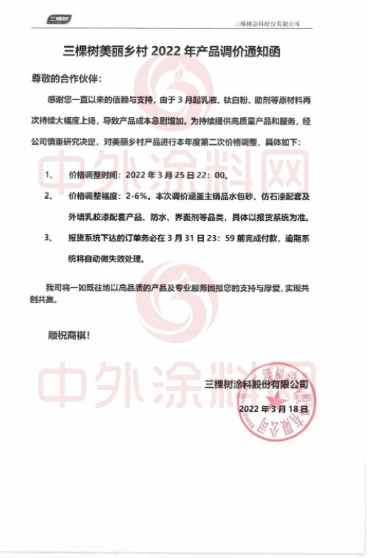 最高涨幅装修漆12%！防水系列20%！美丽乡村6%！三棵树全线产品价格上调