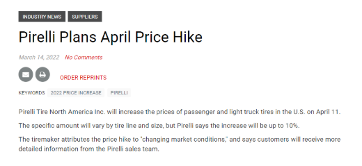 倍耐力(北美公司)也宣布，将在4 月11日提高(美国)乘用车和轻型卡车轮胎的价格，涨幅达到10%!