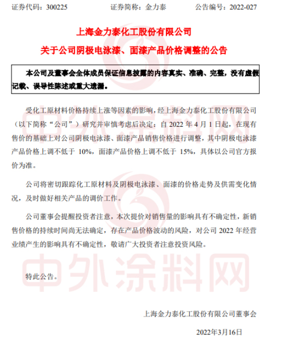 阴极电泳漆产品价格上调不低于10%,面漆产品价格上调不低于15%。 阴极电泳漆产品价格上调不低于10%,面漆产品价格上调不低于15%。