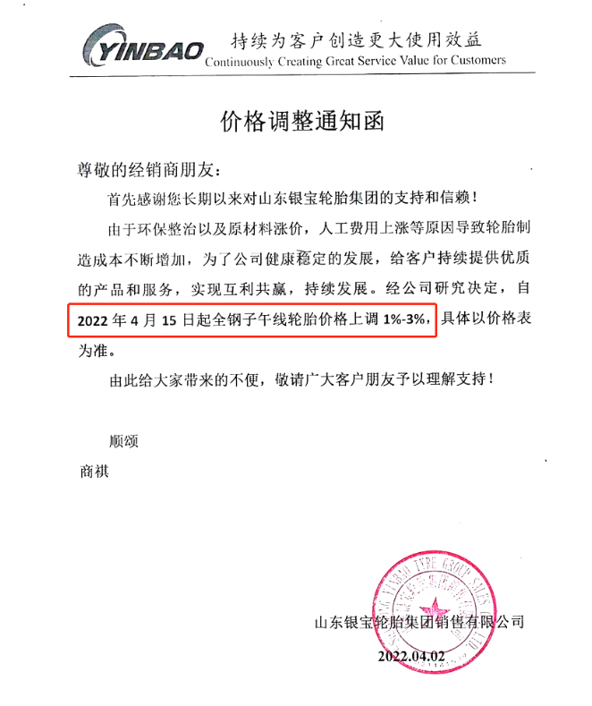 山东银宝轮胎集团销售有限公司发布调价通知