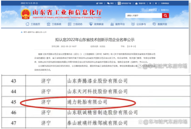 5月23日，山东省工业和信息化厅公布“2022年山东省技术创新示范企业”拟认定名单，通力轮胎赫然在列。