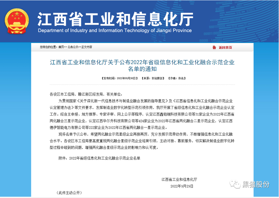 黑猫股份荣获2022年省级信息化和工业化融合示范企业榜单