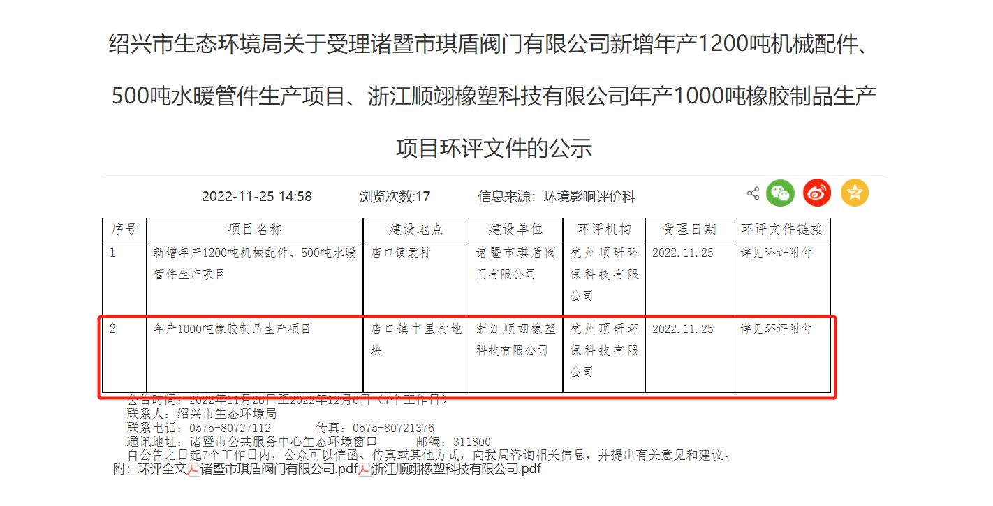 浙江顺翊橡塑科技有限公司年产1000吨橡胶制品生产项目环评文件，对外公示。