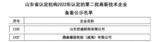 最新：六家轮胎入选高新企业！