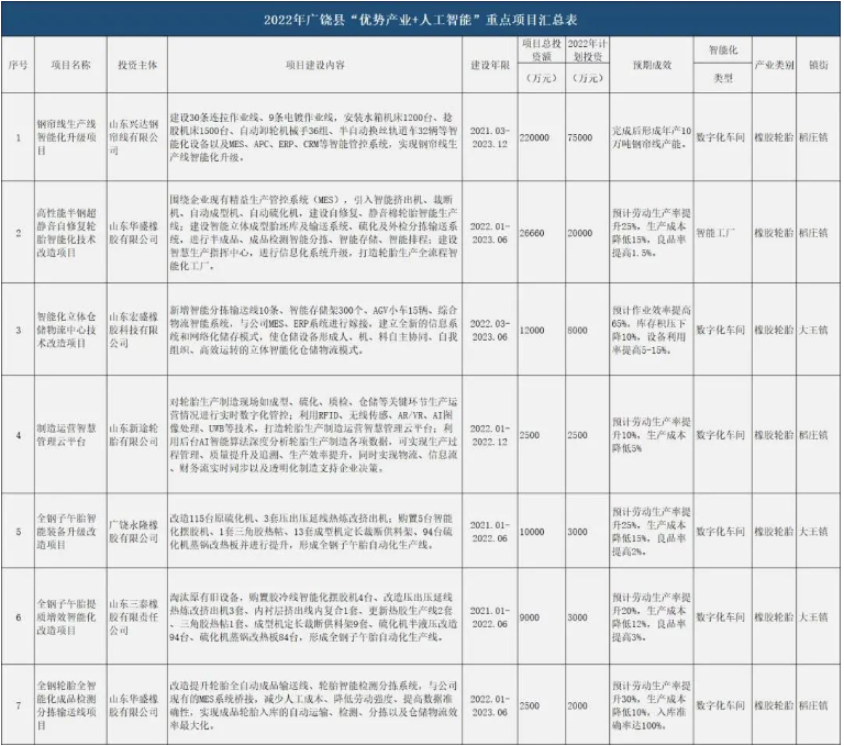 　橡胶轮胎类重点项目如下：