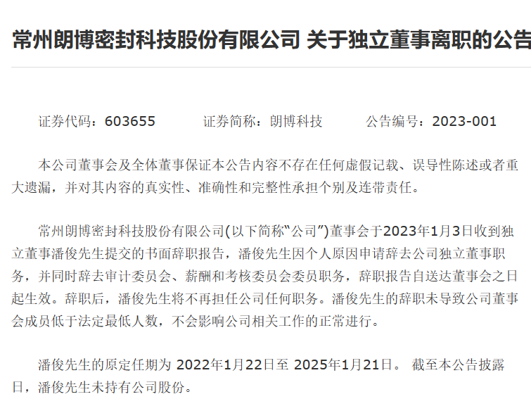 朗博科技迎来人事变动：独立董事潘俊宣布辞职