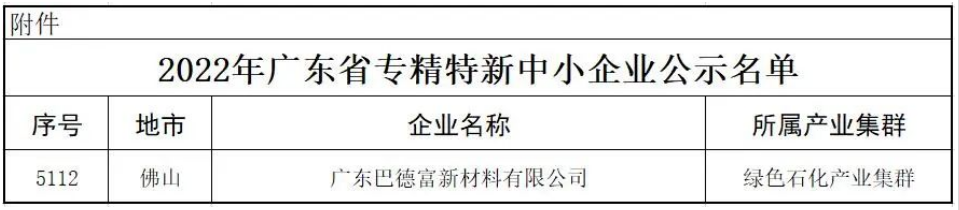 　巴德富荣获广东省“专精特新”企业认定