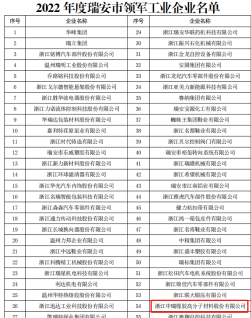 中瑞橡胶荣获“2022年瑞安市领军型工业企业”荣誉称号