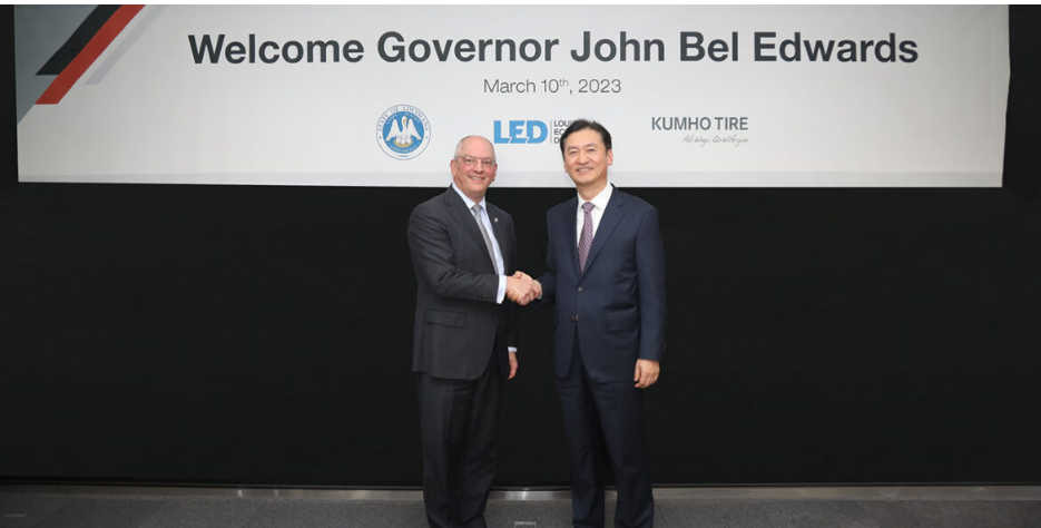 由路易斯安那州州长 John Bel Edwards 率领的贸易代表团访问了锦湖轮胎位于韩国首尔的总部。代表团，会见了锦湖轮胎首席执行官 Il-Taek Jung、全球销售主管 Seung-Bin Lim 和供应链管理主管 Eun-Sun Lee。