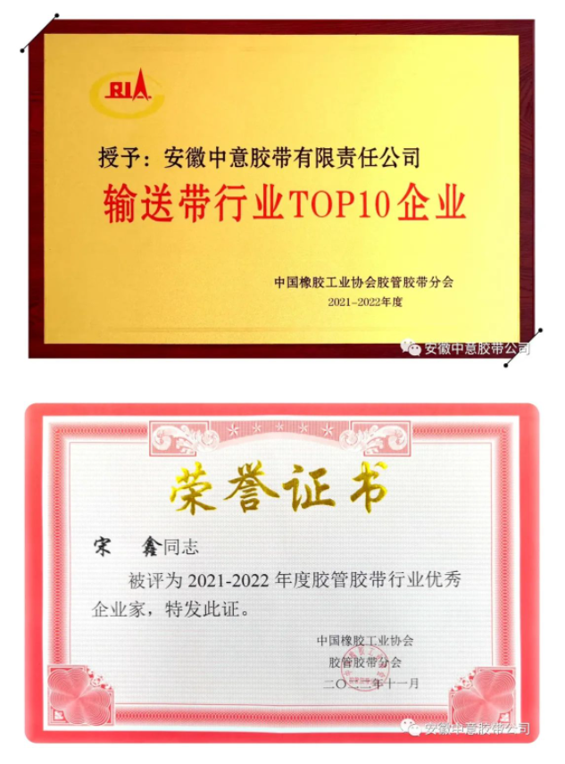 多项荣誉评选结果出炉，其中包括2021-2022年度“输送带行业TOP10企业”、“行业优秀企业家”和“行业优秀科技工作者”等。安徽中意胶带公司凭借着产品优势、卓越的品牌影响力以及市场表现，连续15年荣获“输送带行业十强企业”荣誉称号。此外，安徽中意胶带公司总经理宋鑫荣获“优秀企业家”称号，公司副总工程师袁陆海则荣获“优秀科技工作者”称号。这些殊荣的获得，证明了安徽中意胶带公司在行业内的领先地位和卓越表现。