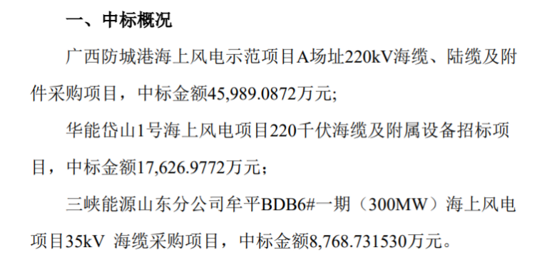 东方电缆成功中标多个海上风电项目，市场地位再度巩固