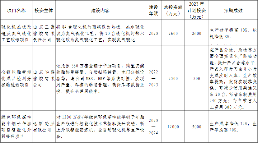 山东省东营市广饶县近日公布了“智改数转”重点项目，旨在推动当地轮胎企业实现数字化转型。据了解，华盛橡胶、永盛橡胶、兴达轮胎、三泰橡胶和远新轮胎等五家企业的七个项目入选名单，预计在建成后将显著提升生产效率并降低生产成本。