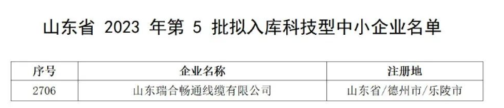 山东瑞合畅通线缆入选山东省2023年第5批拟入库科技型中小企业名单
