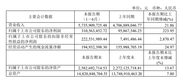 7月30日，三棵树（603737）发布2023年半年度报告。财报显示，公司今年上半年实现营业收入57.36亿元，同比增长21.86%；归母净利润为3.106亿元，同比大幅增长224%。