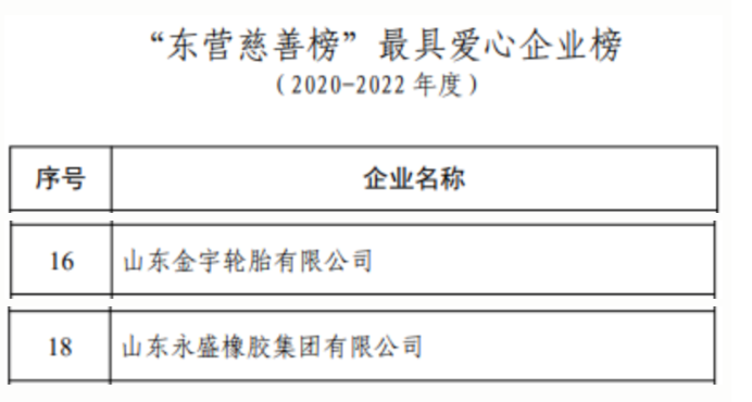 与此同时，金宇轮胎和永盛橡胶还榜上有名，入选了东营市最具爱心企业榜，这反映出这些企业在社会公益事业上的积极参与和贡献。