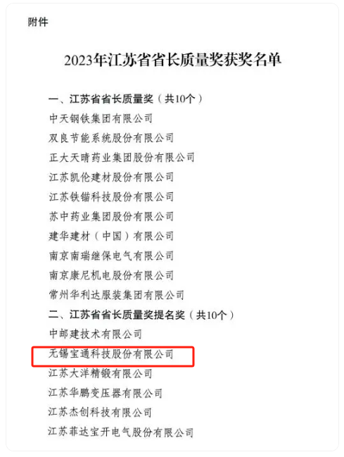 2023年度江苏省省长质量奖正式揭晓，该奖项分为两个类别，分别是“江苏省省长质量奖”和“江苏省省长质量奖提名奖”，每个类别评定数量不超过10个，包括组织和个人在内。其中，无锡宝通科技股份有限公司荣获江苏省省长质量奖提名奖。