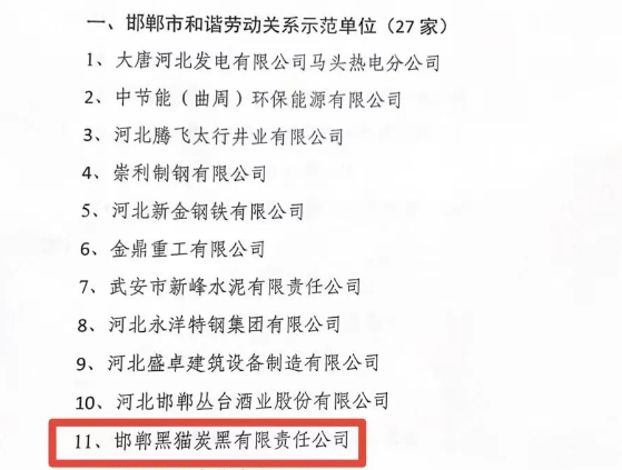 邯郸市人力资源和社会保障局于11月15日发布了2023年邯郸市和谐劳动关系示范单位名单，邯郸黑猫炭黑有限责任公司荣获“2023年市级和谐劳动关系示范单位”荣誉称号。